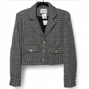 Dee Dee Cropped Tweed Blazer Jacket Black White Pink Pearl Buttons NWT